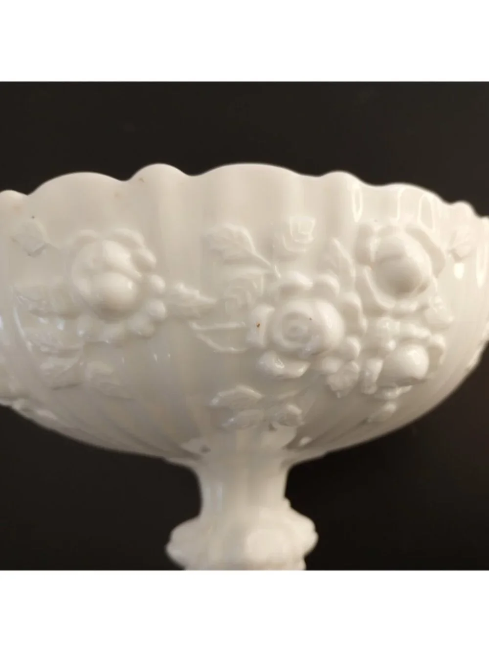 Fenton Milk Glass Scalloped Chalice Roses White Pedestal Candy Dish Vintage